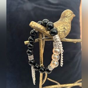 Handmade Black and Champagne Glass Beaded Bracelet with Silver Accents